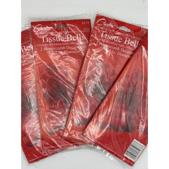 Lot 3 Vintage Honeycomb Tissue Bells Red Christmas Carlton NOS - Picture 4 of 4